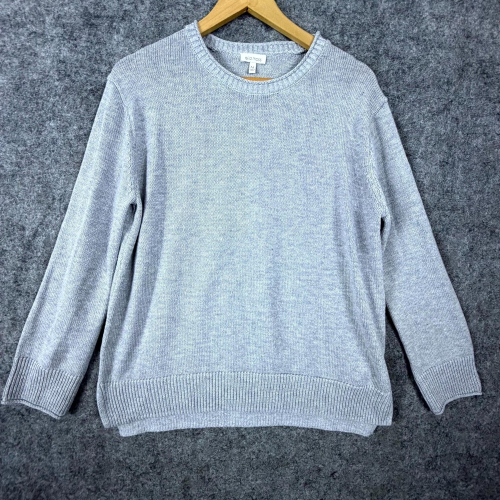 Ella Moss Sweater Womens Medium Gray Tight Knit Ribbed Trim Round Neck Basic